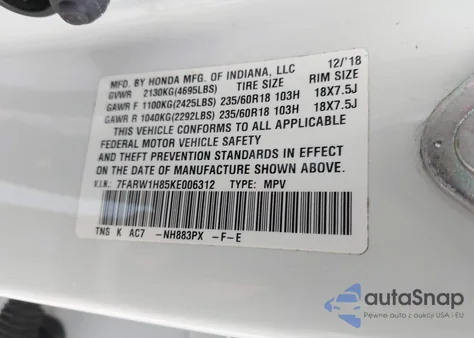 2019 Honda Cr-V Ex-L из США, поврежденный, VIN 7FARW1H85KE006312